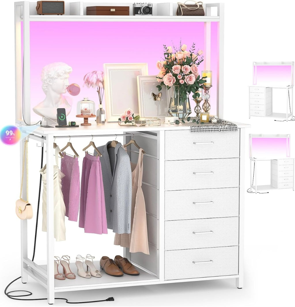Modern LED Dresser with Charging Station & Clothes Rack