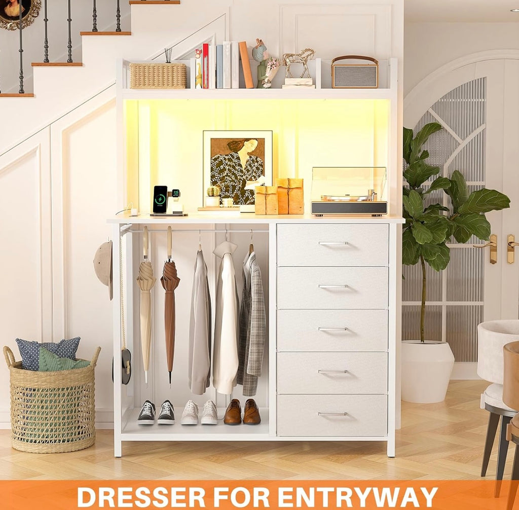 Modern LED Dresser with Charging Station & Clothes Rack