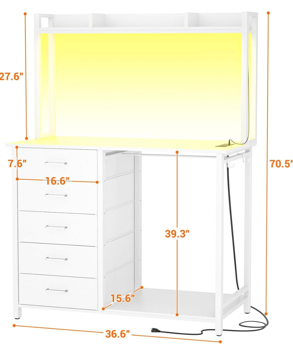 Modern LED Dresser with Charging Station & Clothes Rack
