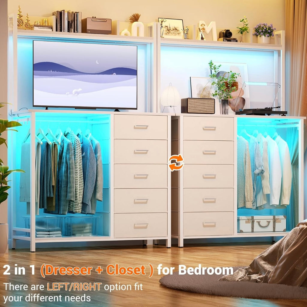 Modern LED Dresser with Charging Station & Clothes Rack