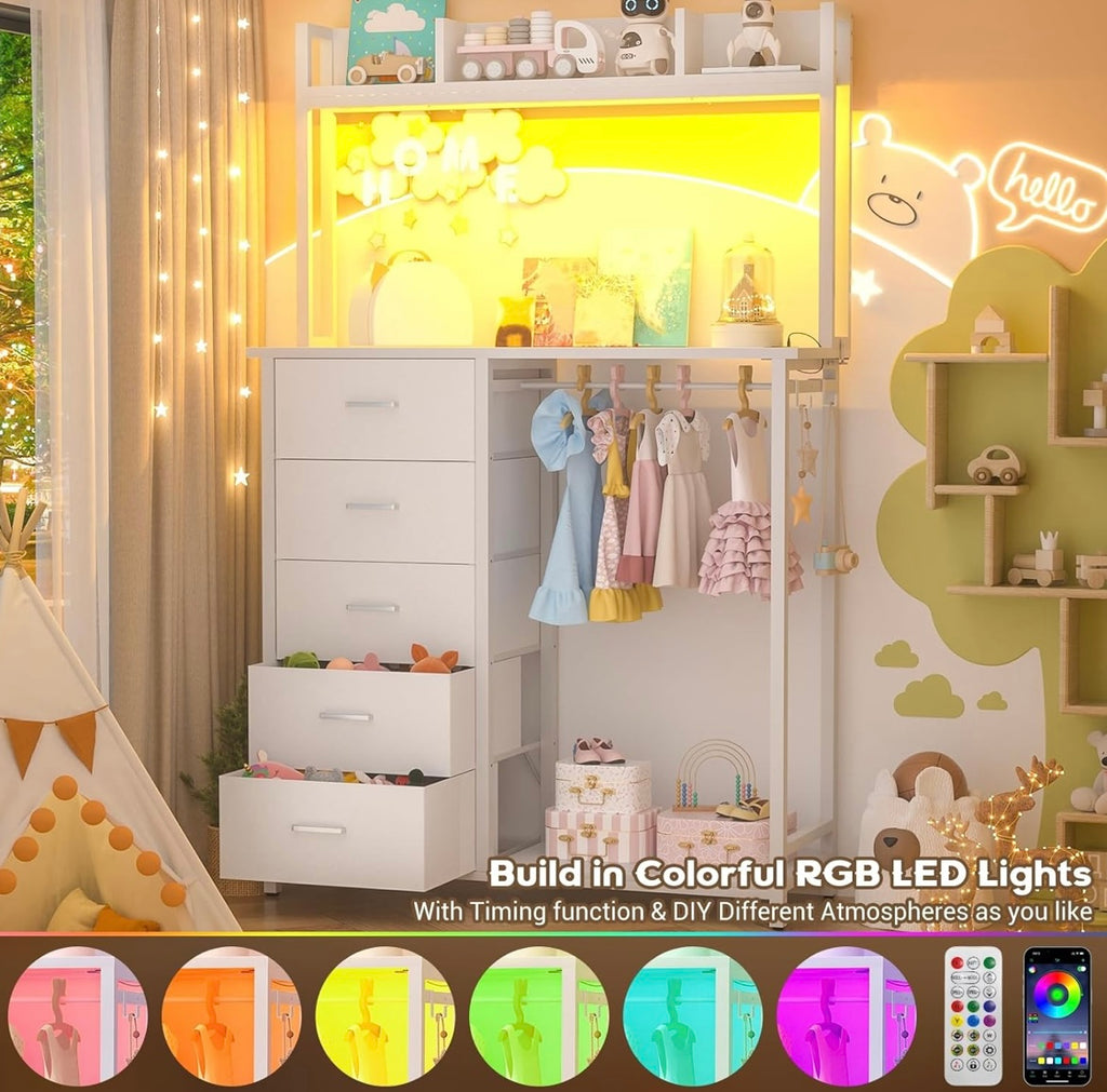 Modern LED Dresser with Charging Station & Clothes Rack