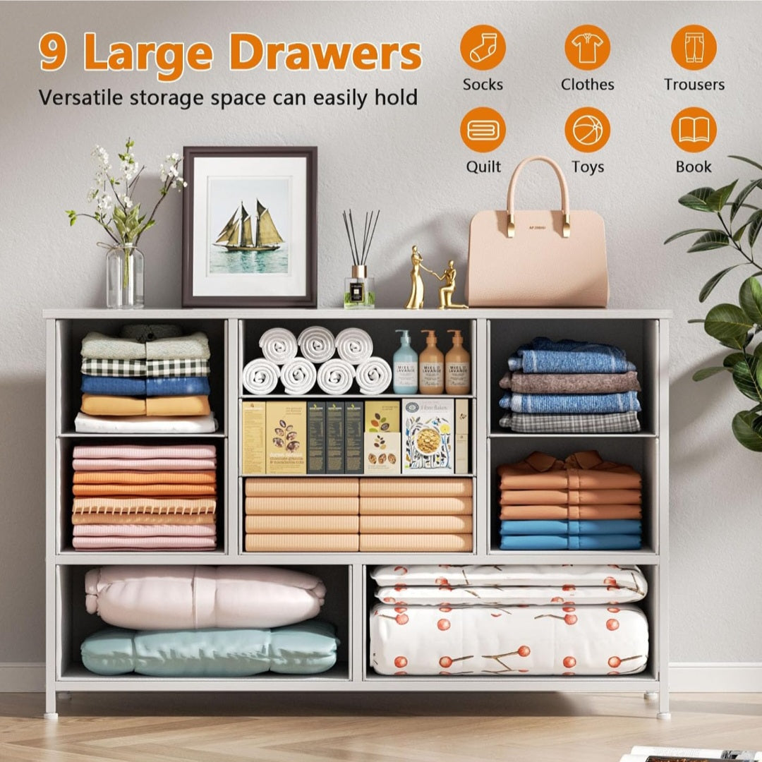 Furnulem Dresser for Bedroom with 9 Fabric Drawers for 55'' Long TV Stand